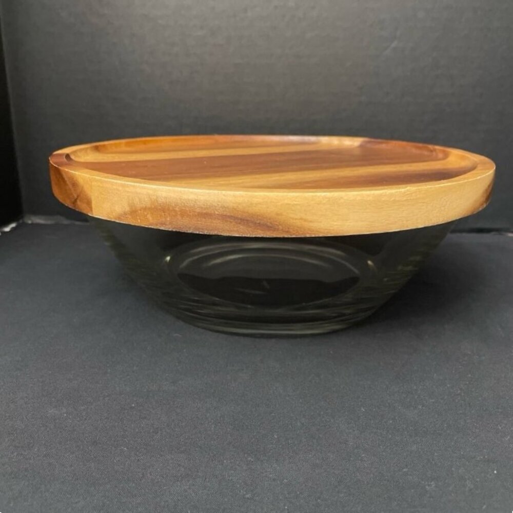 Ocean Thailand Glass Bowl & Wood Lid/Platter Marked‎ Minimalist Neutral